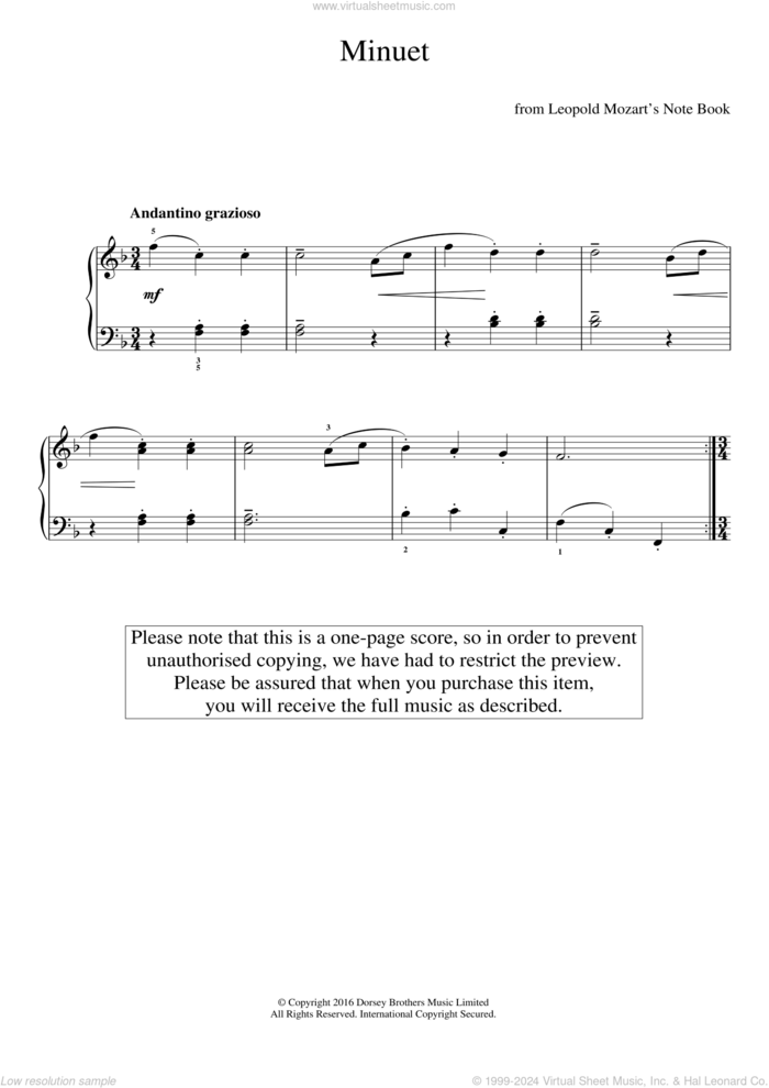 Minuet sheet music for piano solo by Leopold Mozart, classical score, easy skill level