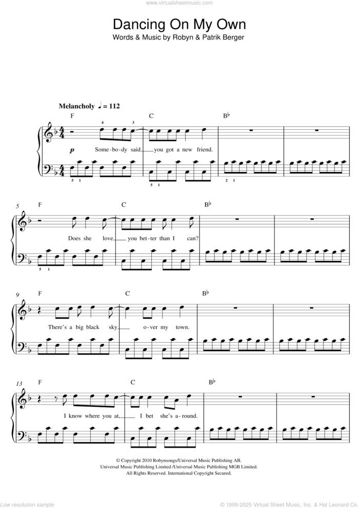 Dancing On My Own sheet music for voice, piano or guitar by Calum Scott, Patrik Berger and Robyn, intermediate skill level