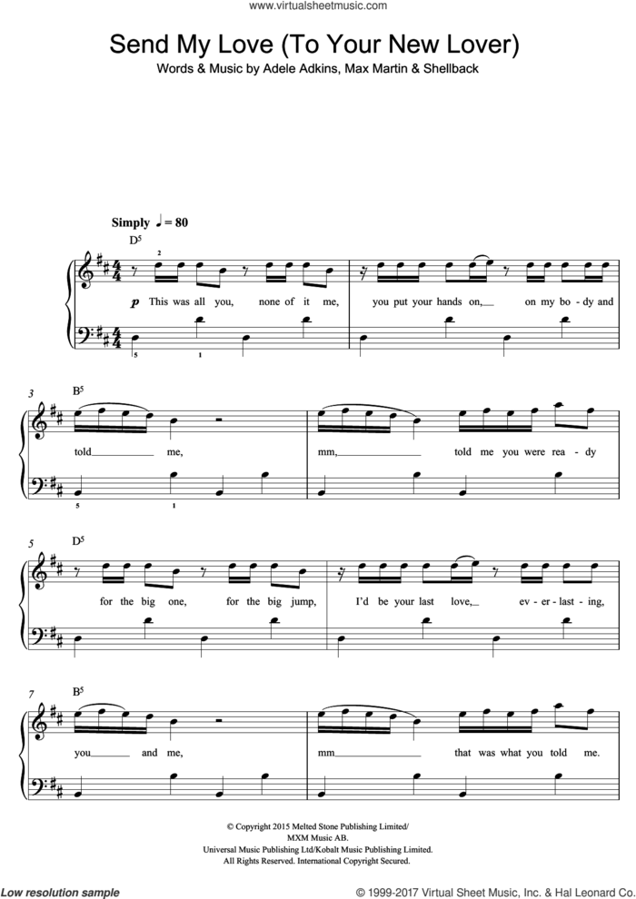Send My Love (To Your New Lover) sheet music for voice, piano or guitar by Adele, Adele Adkins, Max Martin and Shellback, intermediate skill level