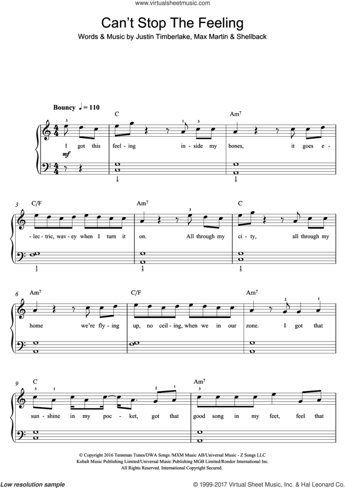 Can't Stop The Feeling sheet music for voice, piano or guitar by Justin Timberlake, Max Martin and Shellback, intermediate skill level