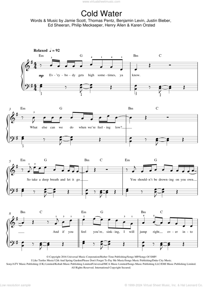 Cold Water (featuring Justin Bieber and MO) sheet music for piano solo (beginners) by Major Lazer, Major Lazer feat. Justin Bieber & MO, MO, Benjamin Levin, Ed Sheeran, Henry Allen, Jamie Scott, Justin Bieber, Karen Orsted, Philip Meckseper and Thomas Wesley Pentz, beginner piano (beginners)