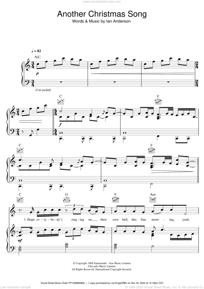 Another Christmas Song sheet music for voice, piano or guitar by Jethro Tull and Ian Anderson, intermediate skill level