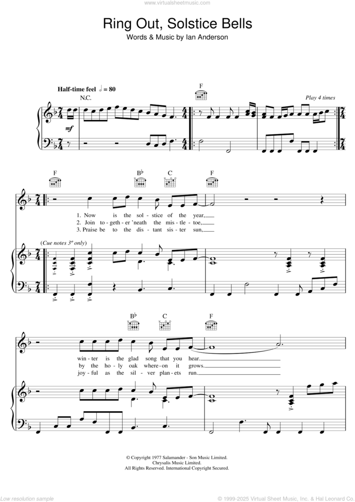 Ring Out, Solstice Bells sheet music for voice, piano or guitar by Jethro Tull and Ian Anderson, intermediate skill level