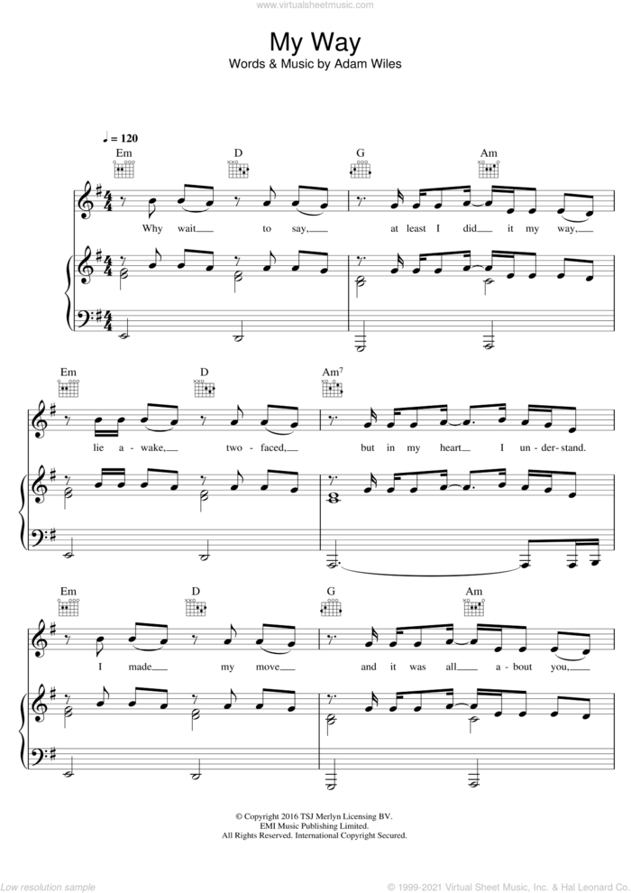 My Way sheet music for voice, piano or guitar by Calvin Harris and Adam Wiles, intermediate skill level