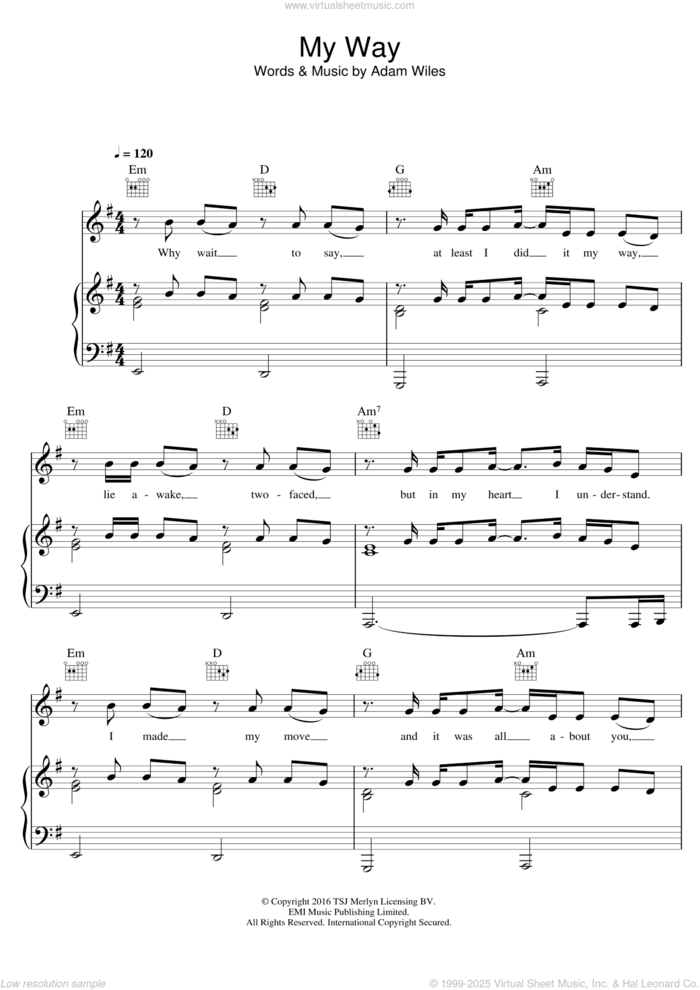 My Way sheet music for voice, piano or guitar by Calvin Harris and Adam Wiles, intermediate skill level