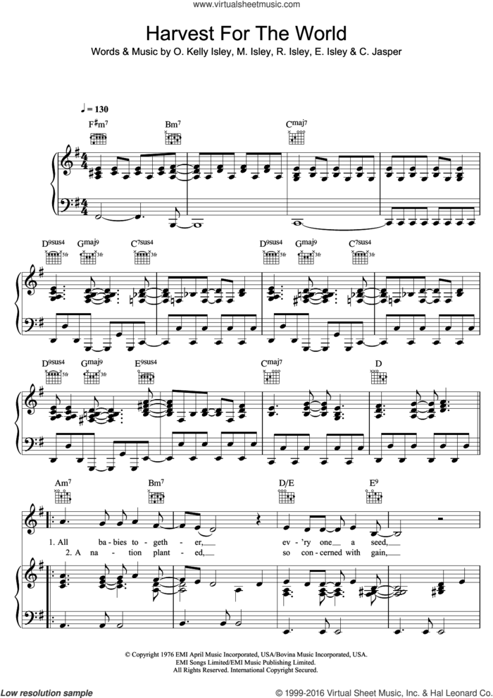 Harvest For The World sheet music for voice, piano or guitar by The Isley Brothers, C. Jasper, E. Isley, M. Isley, O. Kelly Isley and R. Isley, intermediate skill level