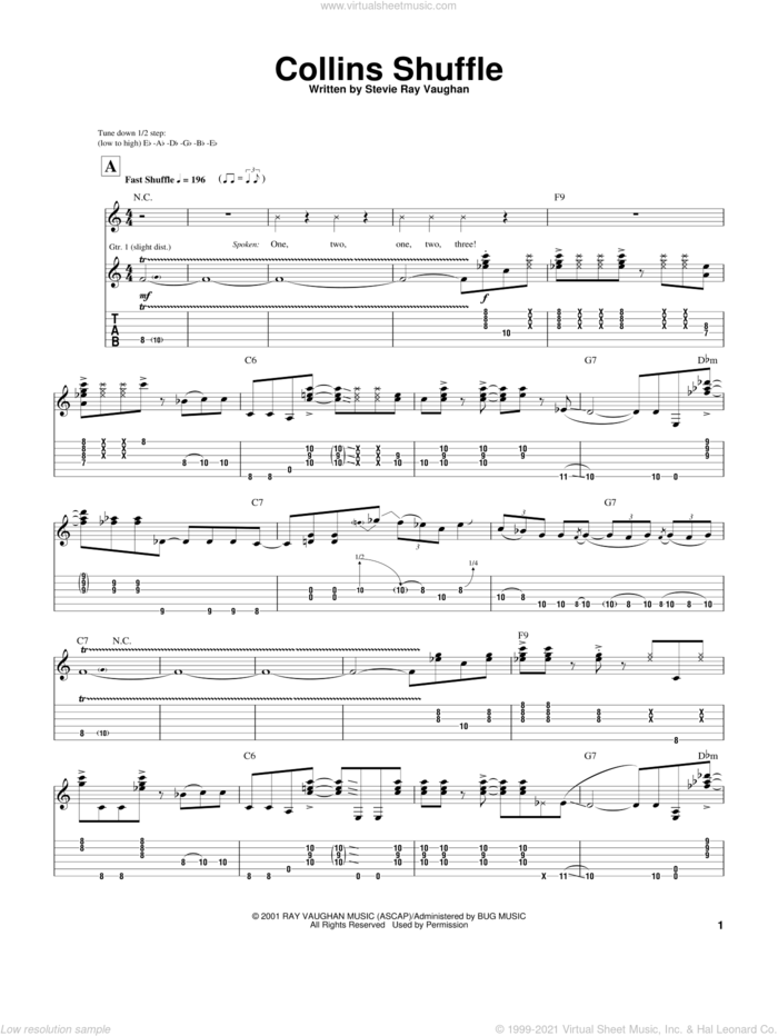 Collins Shuffle sheet music for guitar (tablature) by Stevie Ray Vaughan, intermediate skill level