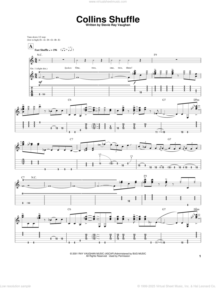 Collins Shuffle sheet music for guitar (tablature) by Stevie Ray Vaughan, intermediate skill level