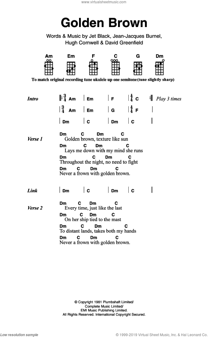 Golden Brown sheet music for ukulele (chords) by The Stranglers, David Greenfield, Hugh Cornwell, Jean-Jacques Burnel and Jet Black, intermediate skill level