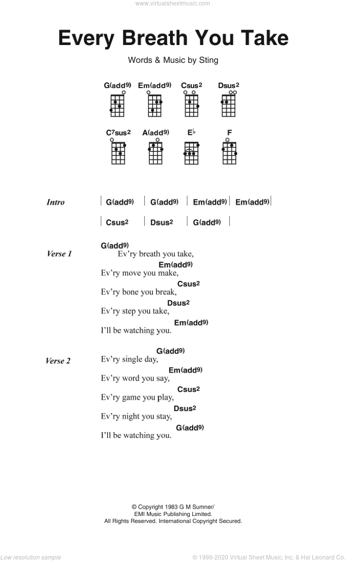 Every Breath You Take sheet music for ukulele (chords) by The Police and Sting, intermediate skill level