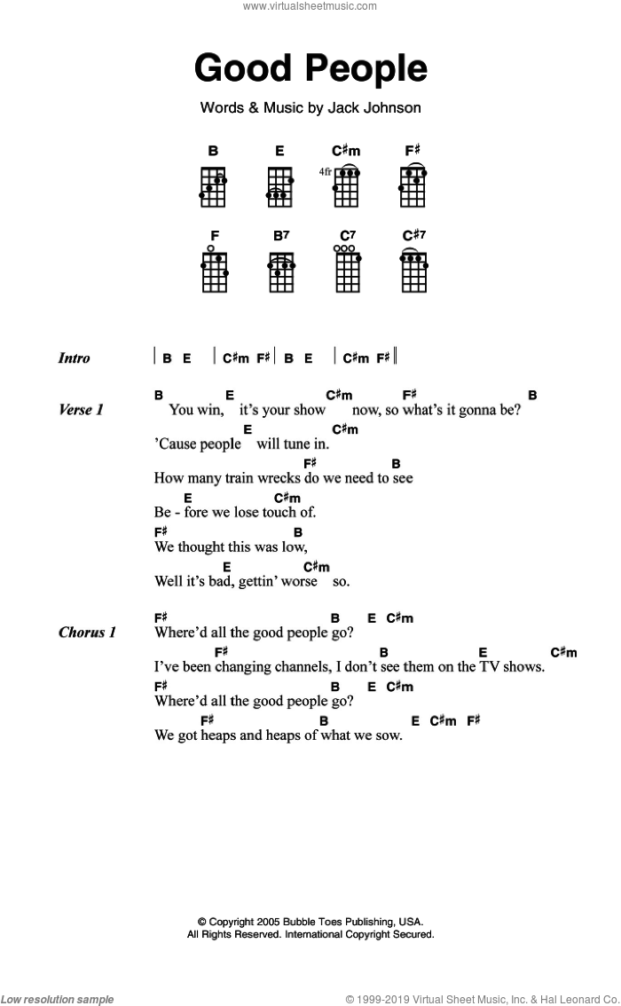 Good People sheet music for ukulele (chords) by Jack Johnson, intermediate skill level