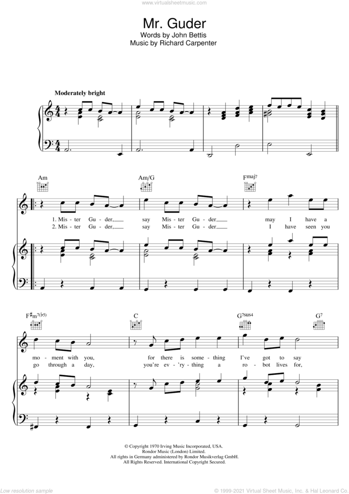Mr. Guder sheet music for voice, piano or guitar by Carpenters, John Bettis and Richard Carpenter, intermediate skill level