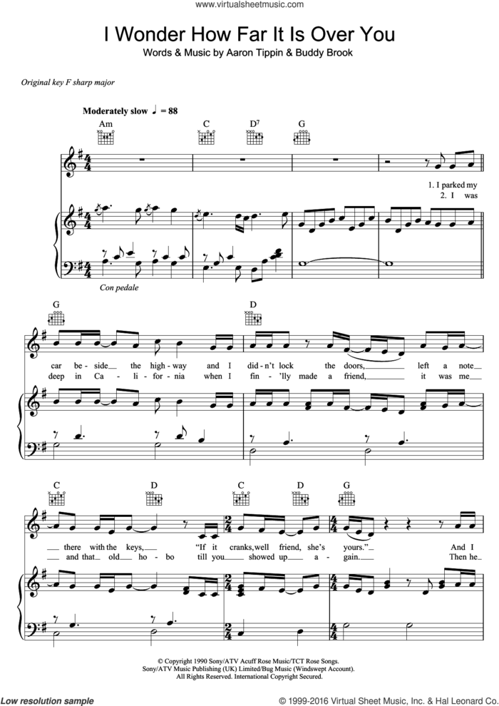 I Wonder How Far It Is Over You sheet music for voice, piano or guitar by Aaron Tippin and Buddy Brook, intermediate skill level