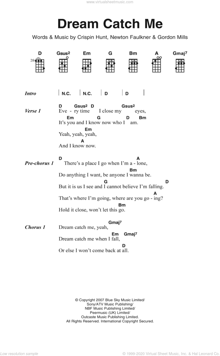Dream Catch Me sheet music for voice, piano or guitar by Newton Faulkner, Crispin Hunt and Gordon Mills, intermediate skill level