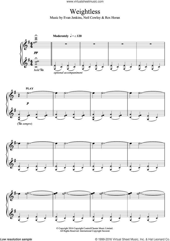 Weightless sheet music for piano solo by Neil Cowley Trio, Evan Jenkins, Neil Cowley and Rex Horan, intermediate skill level