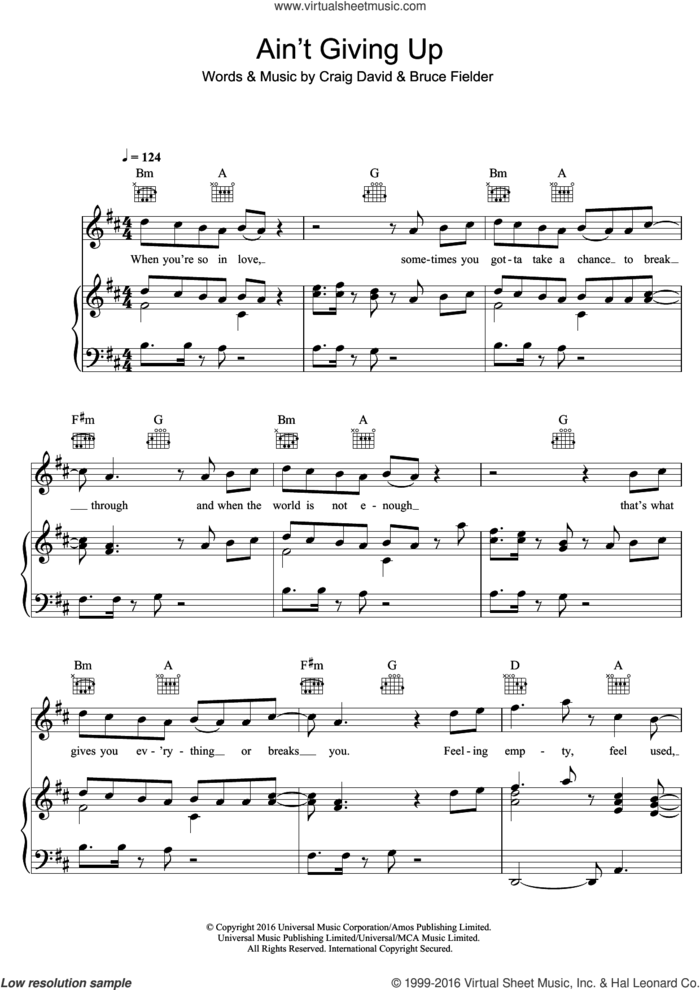 Ain't Giving Up (featuring Sigala) sheet music for voice, piano or guitar by Craig David, Craid David & Sigala, Sigala and Bruce Fielder, intermediate skill level