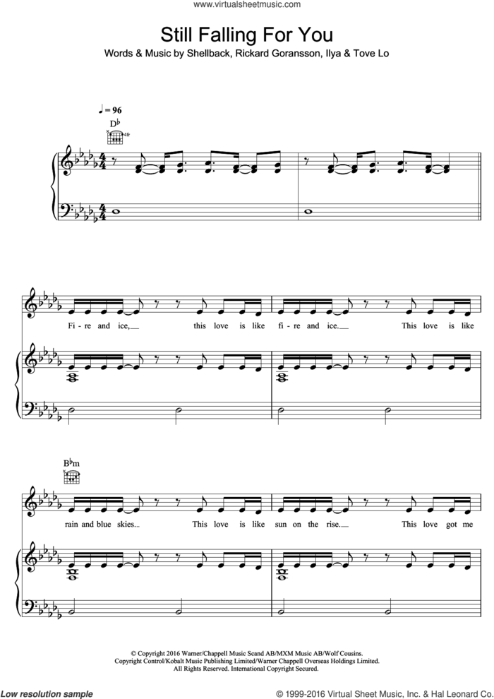 Still Falling For You sheet music for voice, piano or guitar by Ellie Goulding, Ilya, Rickard Goransson, Shellback and Tove Lo, intermediate skill level