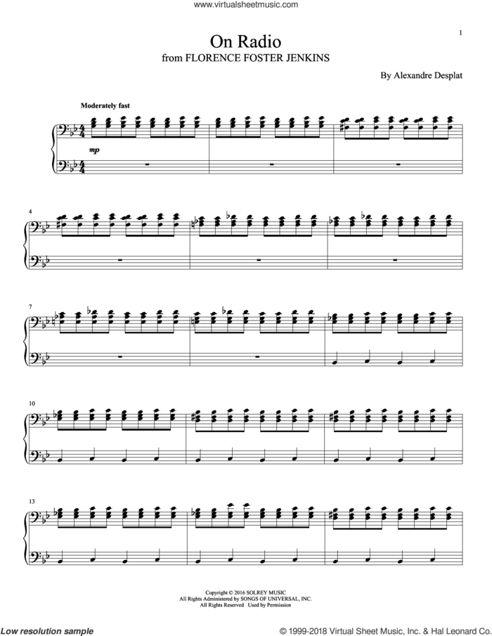 On Radio sheet music for piano solo by Alexandre Desplat, intermediate skill level