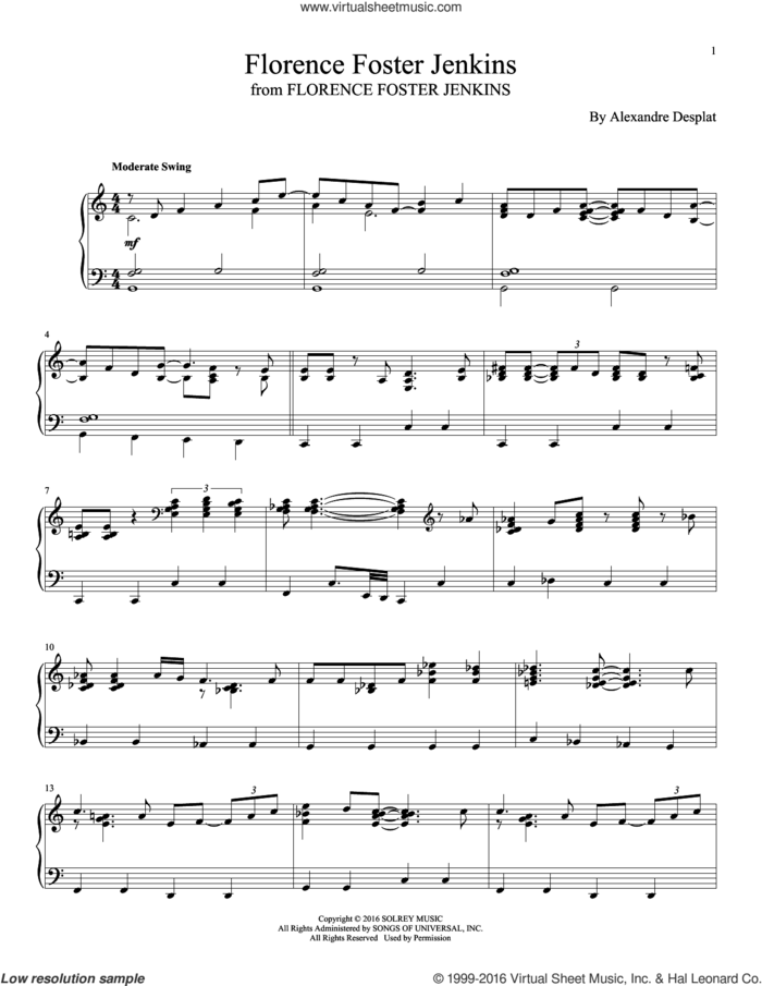 Florence Foster Jenkins sheet music for piano solo by Alexandre Desplat, intermediate skill level