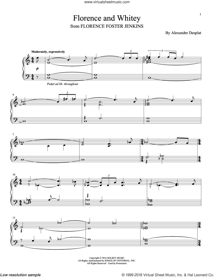 Florence And Whitey sheet music for piano solo by Alexandre Desplat, intermediate skill level