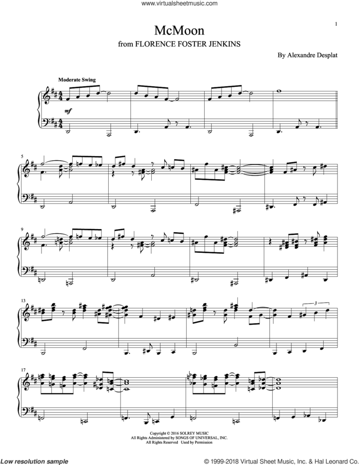 McMoon sheet music for piano solo by Alexandre Desplat, intermediate skill level