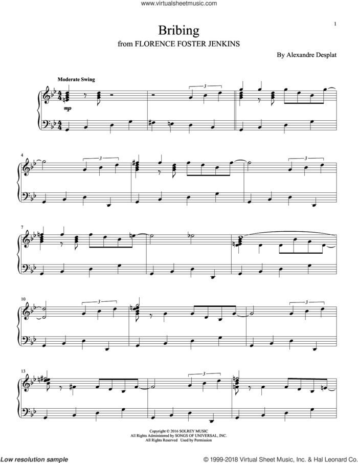 Bribing sheet music for piano solo by Alexandre Desplat, intermediate skill level