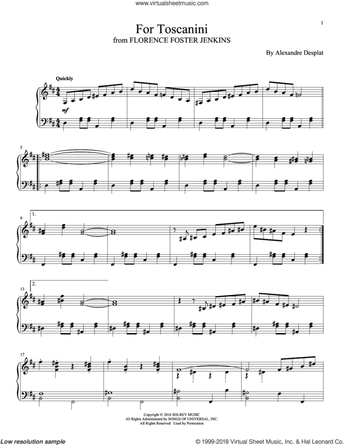 For Toscanini sheet music for piano solo by Alexandre Desplat, intermediate skill level
