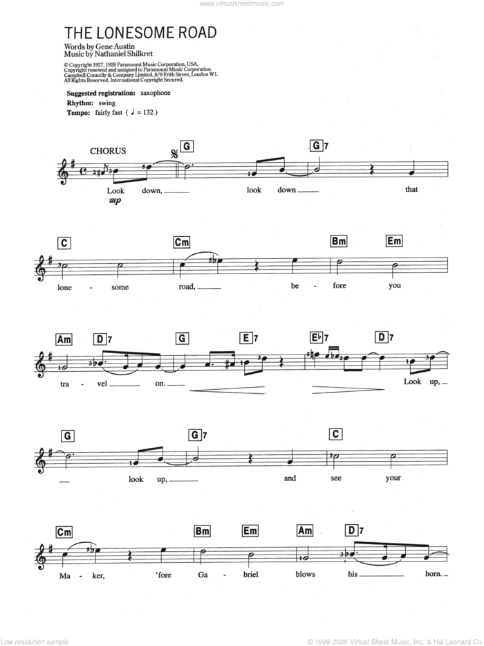Lonesome Road sheet music for piano solo (chords, lyrics, melody) by Gene Austin and Nathaniel Shilkret, intermediate piano (chords, lyrics, melody)