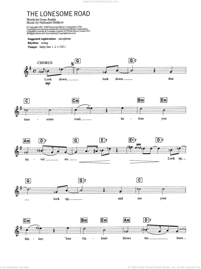 Lonesome Road sheet music for piano solo (chords, lyrics, melody) by Gene Austin and Nathaniel Shilkret, intermediate piano (chords, lyrics, melody)