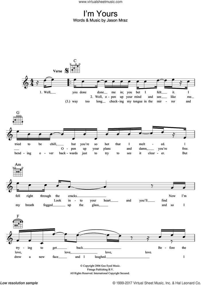 I'm Yours sheet music for voice and other instruments (fake book) by Jason Mraz, classical score, intermediate skill level