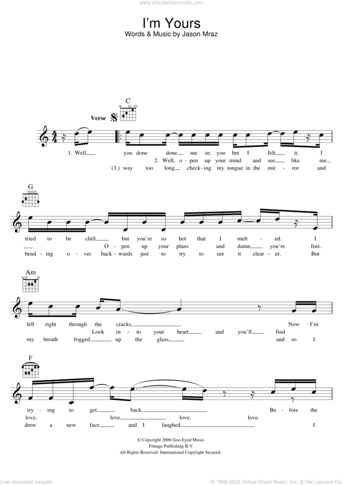 I'm Yours sheet music for voice and other instruments (fake book) by Jason Mraz, classical wedding score, intermediate skill level