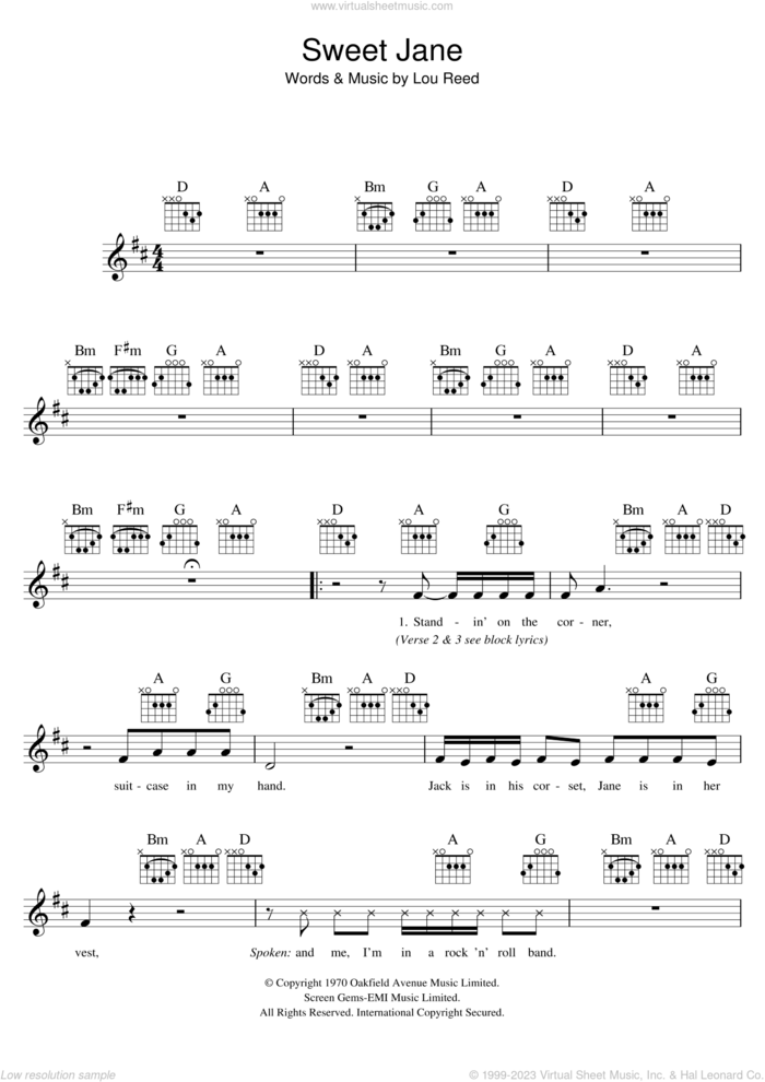 Sweet Jane sheet music for voice and other instruments (fake book) by The Velvet Underground and Lou Reed, intermediate skill level
