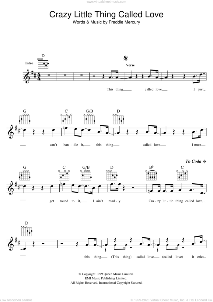 Crazy Little Thing Called Love sheet music for voice and other instruments (fake book) by Queen and Freddie Mercury, intermediate skill level