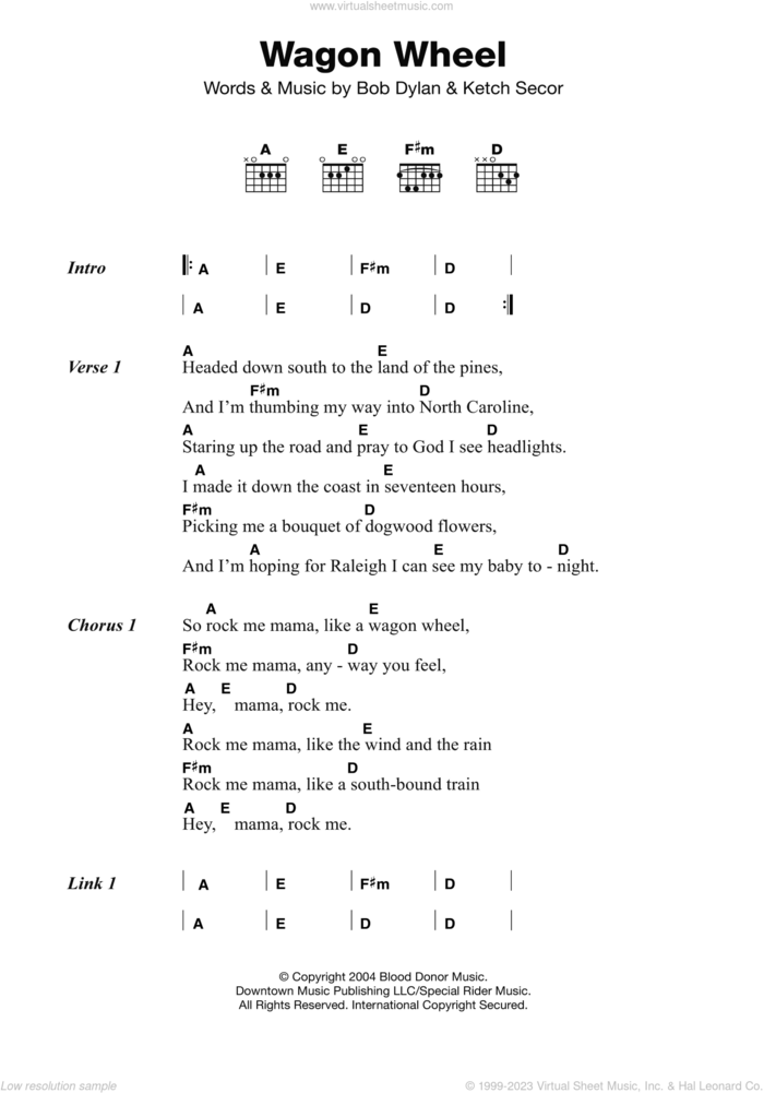 Wagon Wheel sheet music for guitar (chords) by Old Crow Medicine Show, intermediate skill level