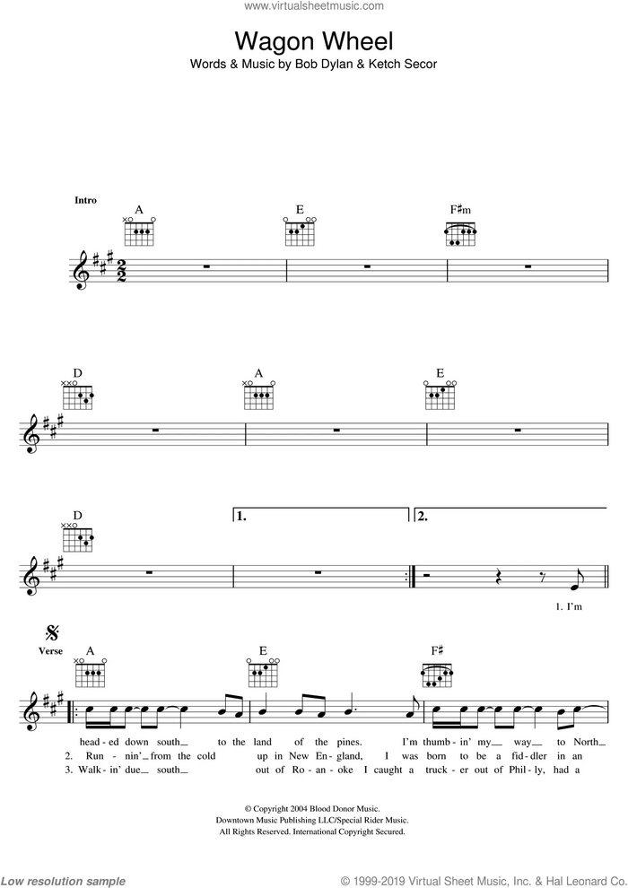 Wagon Wheel sheet music for voice and other instruments (fake book) by Old Crow Medicine Show, Bob Dylan and Ketch Secor, intermediate skill level