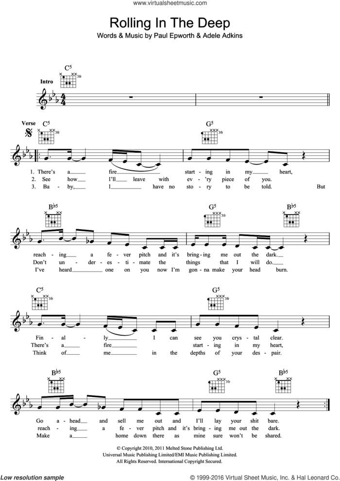 Rolling In The Deep sheet music for voice and other instruments (fake book) by Adele, Adele Adkins and Paul Epworth, intermediate skill level