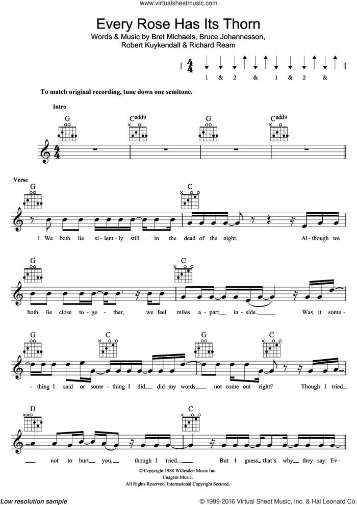 Every Rose Has Its Thorn sheet music for voice and other instruments (fake book) by Poison, Bret Michaels, Bruce Johannesson, Richard Ream and Robert Kuykendall, intermediate skill level