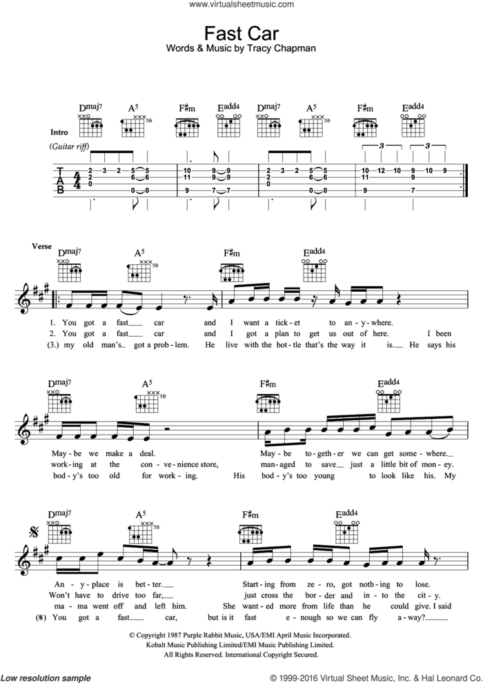 Fast Car sheet music for voice and other instruments (fake book) by Tracy Chapman, intermediate skill level