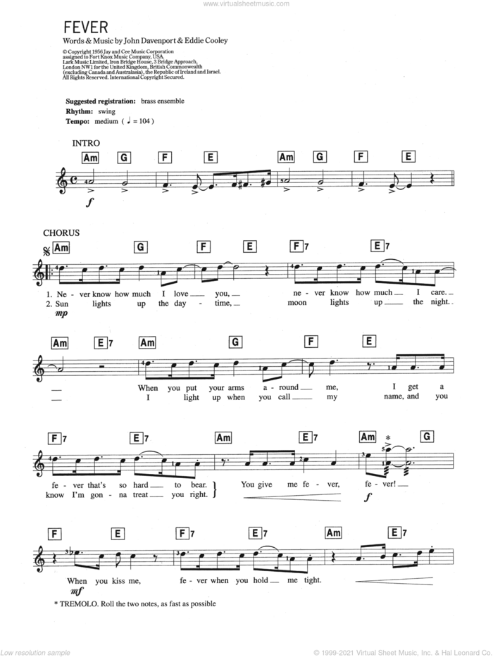 Fever sheet music for piano solo (chords, lyrics, melody) by Peggy Lee, Eva Cassidy, Eddie Cooley and John Davenport, intermediate piano (chords, lyrics, melody)