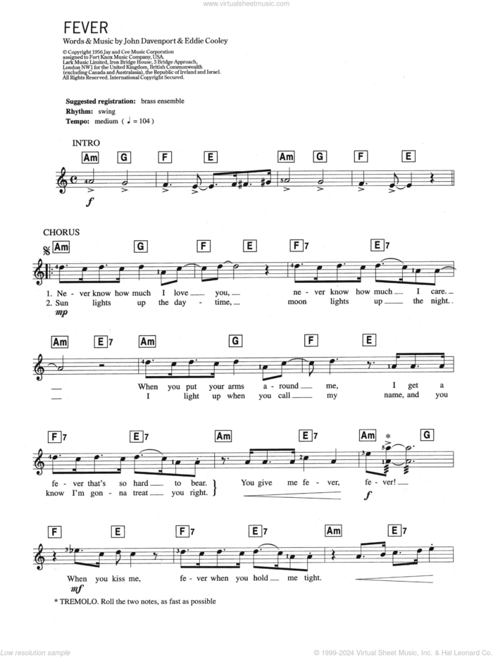 Fever sheet music for piano solo (chords, lyrics, melody) by Peggy Lee, Eva Cassidy, Eddie Cooley and John Davenport, intermediate piano (chords, lyrics, melody)