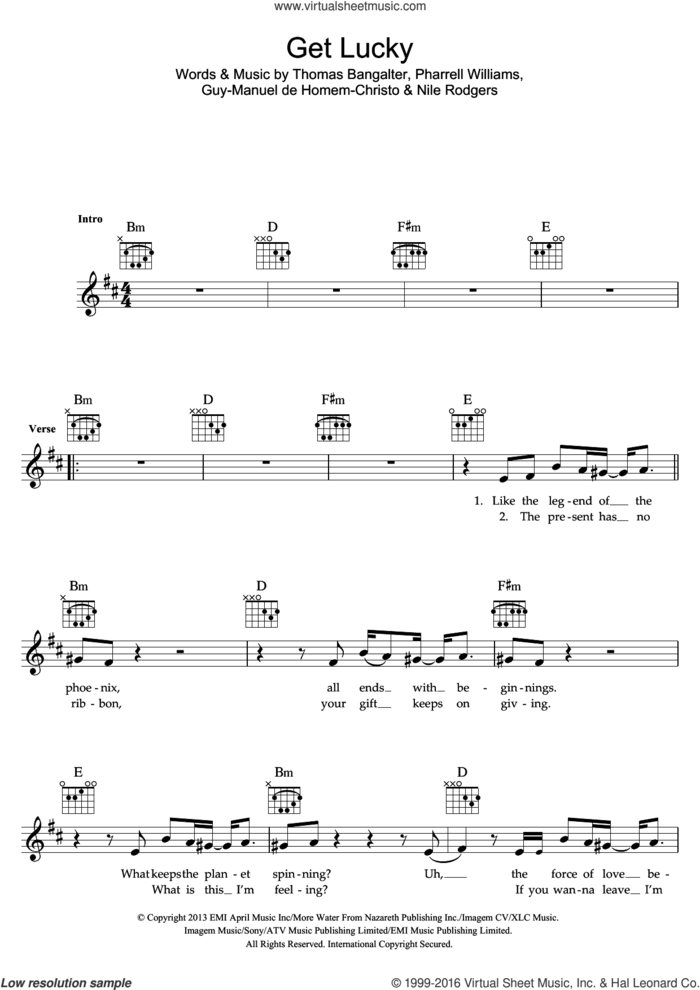 Get Lucky (featuring Pharrell Williams) sheet music for voice and other instruments (fake book) by Daft Punk, Guy-Manuel de Homem-Christo, Nile Rodgers, Pharrell Williams and Thomas Bangalter, intermediate skill level