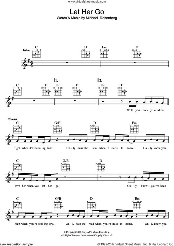 Let Her Go sheet music for voice and other instruments (fake book) by Passenger and Michael Rosenberg, intermediate skill level