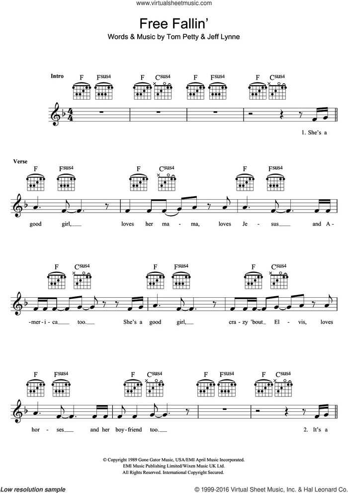 Free Fallin' sheet music for voice and other instruments (fake book) by Tom Petty and Jeff Lynne, intermediate skill level