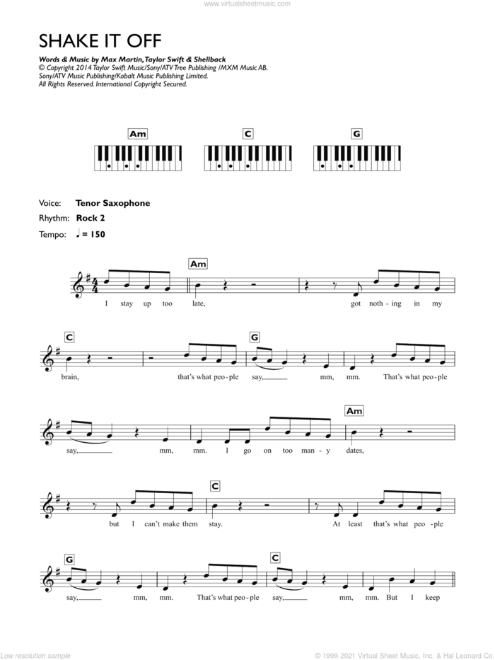 Shake It Off sheet music for piano solo (chords, lyrics, melody) by Taylor Swift, Max Martin and Shellback, intermediate piano (chords, lyrics, melody)