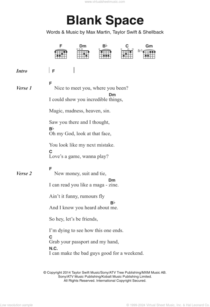 Blank Space sheet music for guitar (chords) by Taylor Swift, Max Martin and Shellback, intermediate skill level