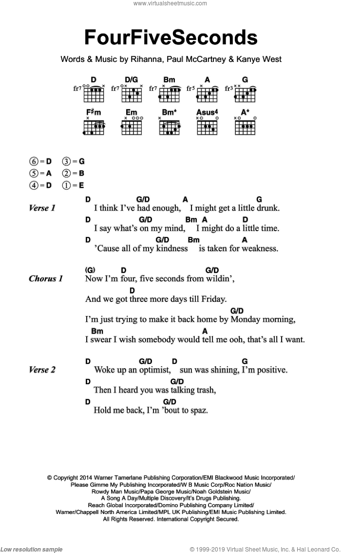 FourFiveSeconds (featuring Kanye West and Paul McCartney) sheet music for guitar (chords) by Rihanna, Kanye West and Paul McCartney, intermediate skill level