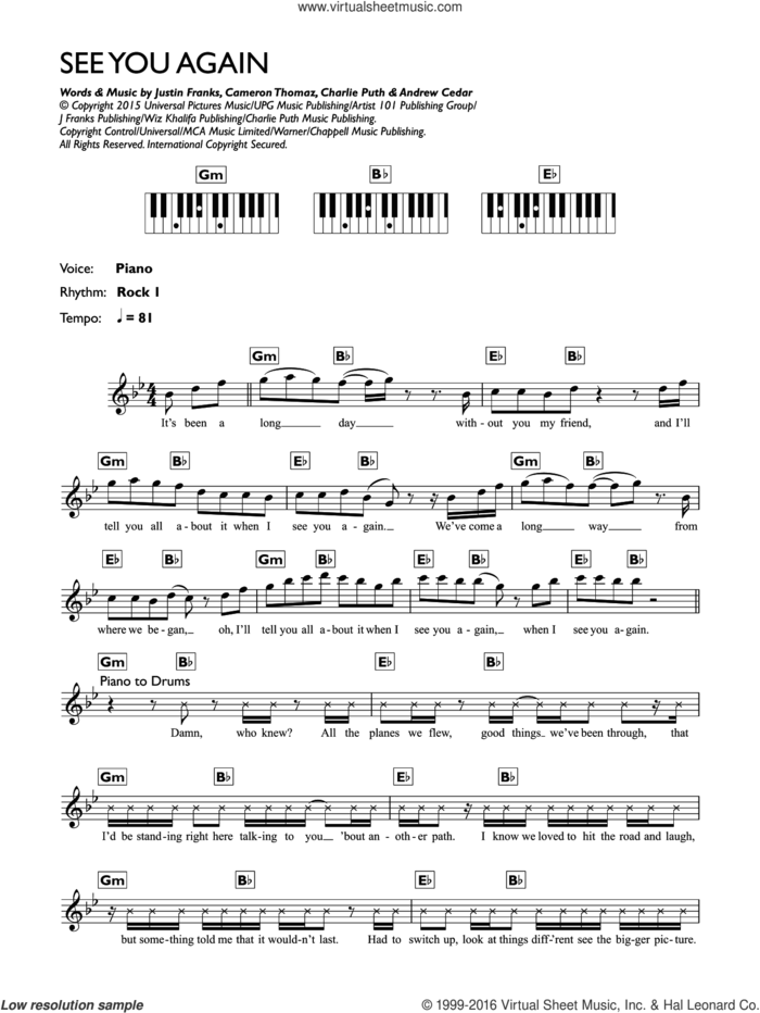 See You Again (featuring Charlie Puth) sheet music for piano solo (keyboard) by Wiz Khalifa, Andrew Cedar, Cameron Thomaz, Charlie Puth and Justin Franks, intermediate piano (keyboard)