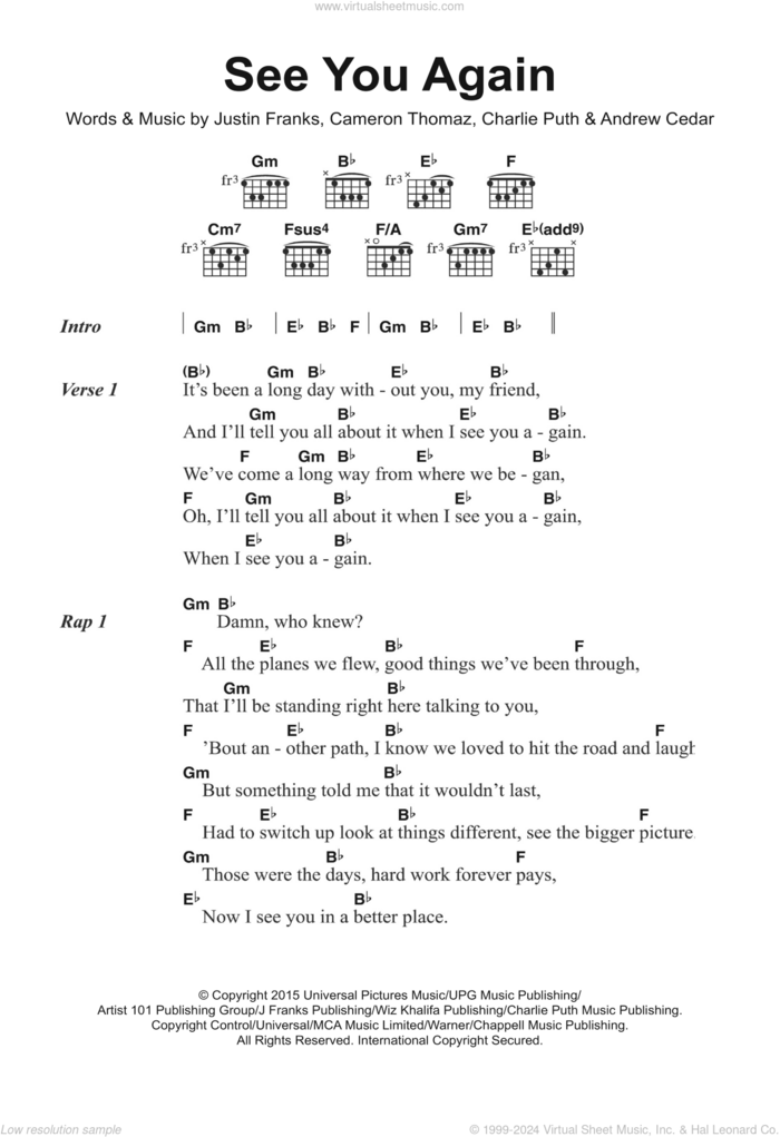 See You Again (featuring Charlie Puth) sheet music for guitar (chords) by Wiz Khalifa, Andrew Cedar, Cameron Thomaz, Charlie Puth and Justin Franks, intermediate skill level