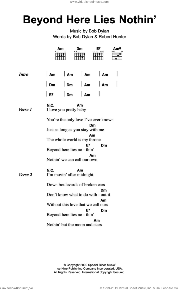 Beyond Here Lies Nothin' sheet music for guitar (chords) by Bob Dylan and Robert Hunter, intermediate skill level