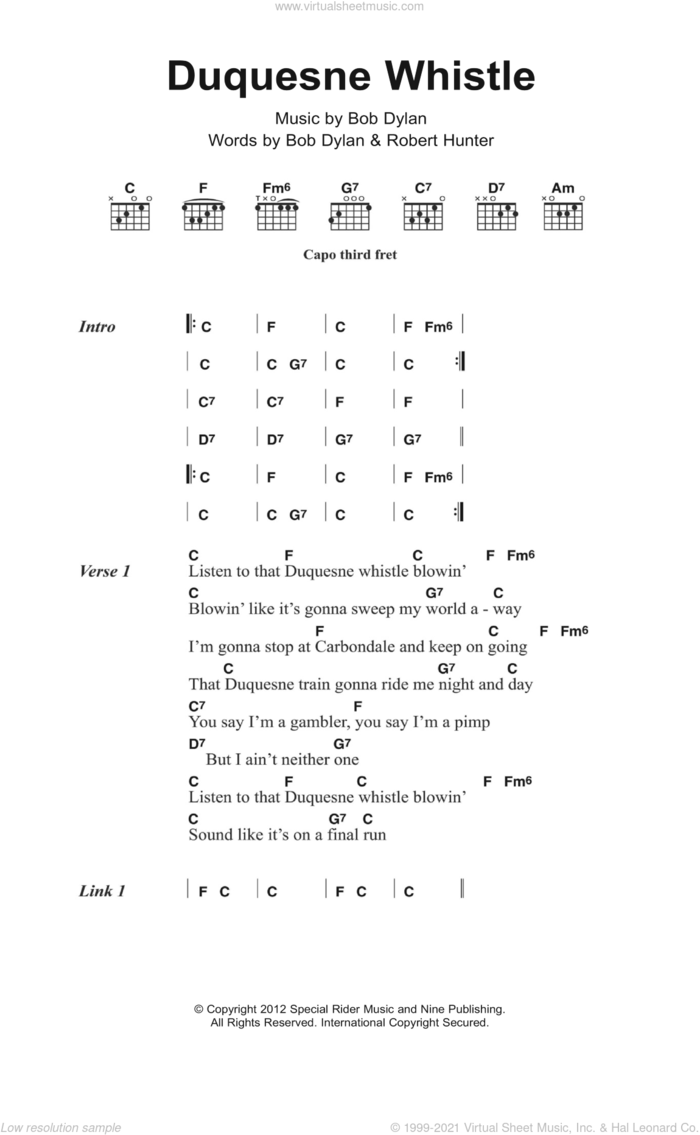 Duquesne Whistle sheet music for guitar (chords) by Bob Dylan and Robert Hunter, intermediate skill level